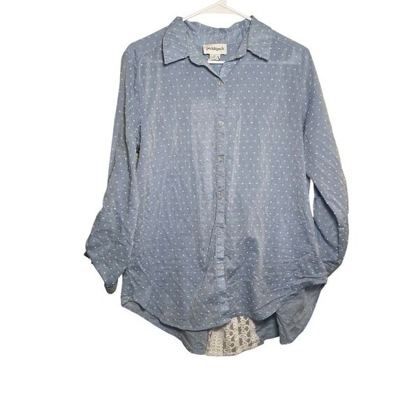 Peck & Peck Blouse Women's Large Blue Button Up Textured Lace Back Collared Top - Picture 1 of 11